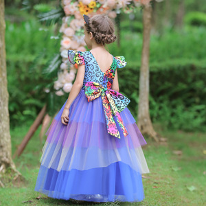Vestido de niña de flores para niños, vestido de tul morado y azul, disfraz de cosplay con cuello redondo, talla mediana y grande - Product Image 3