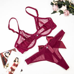 مجموعة الملابس الداخلية الشفافة شبكة تنفس انظر من خلال حمالة الصدر ثونغ القوس الكبير ملابس داخلية مثيرة - Product Image 3