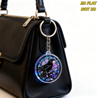 Porte-clés en acrylique Verre Teinté Corbeau Noir Silhouette de Corbeau sur Fond Mosaïque Violet et Bleu Double Face Breloque d'Art Gothique