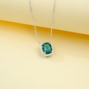925 Sterling Silver Cushion Cut Lab Created <b>Emerald</b> <b>Pendant</b> Necklace, Halo with Diamond Accents Fine Jewelry for Women - Product Image 5