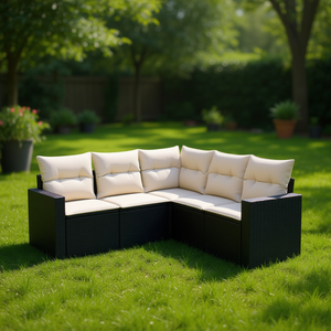 Black <b>Rattan</b> Garden <b>Sofa</b> Set With Cream Cushions 6 Seater Outdoor Furniture Contemporary Design - Product Image 2