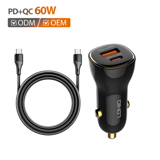 LDNIO C103 Phone Charging Fast Charge Dual 2 Port Usb Type C PD QC 3.0 Mini Quick QcC3.0 Led Type-c Adapter 60W Car Charger