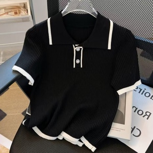 Venta al por mayor Popular Suéter Mujeres Turn-Down Collar Single Breasted Ladies Top Manga Corta Anti-pilling Soft Knitwear - Product Image 3