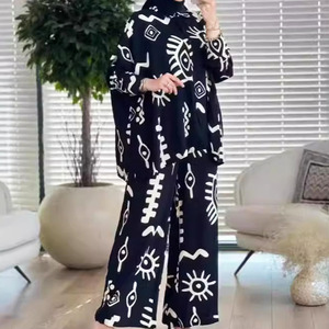 R-235 all'ingrosso 2024 Turkish Islam Set motivo geometrico Muslim camicetta e <span class=keywords><strong>pantaloni</strong></span> Casual nero Abaya - Product Image 4