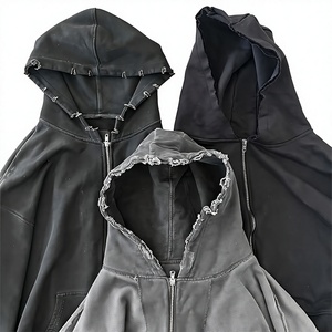 Custom Men's 450 GSM French Terry Acid Washed Distressed Vintage Blank <b>Black</b> <b>Zip</b> <b>Up</b> Streetwear <b>Hoodie</b> - Product Image 1