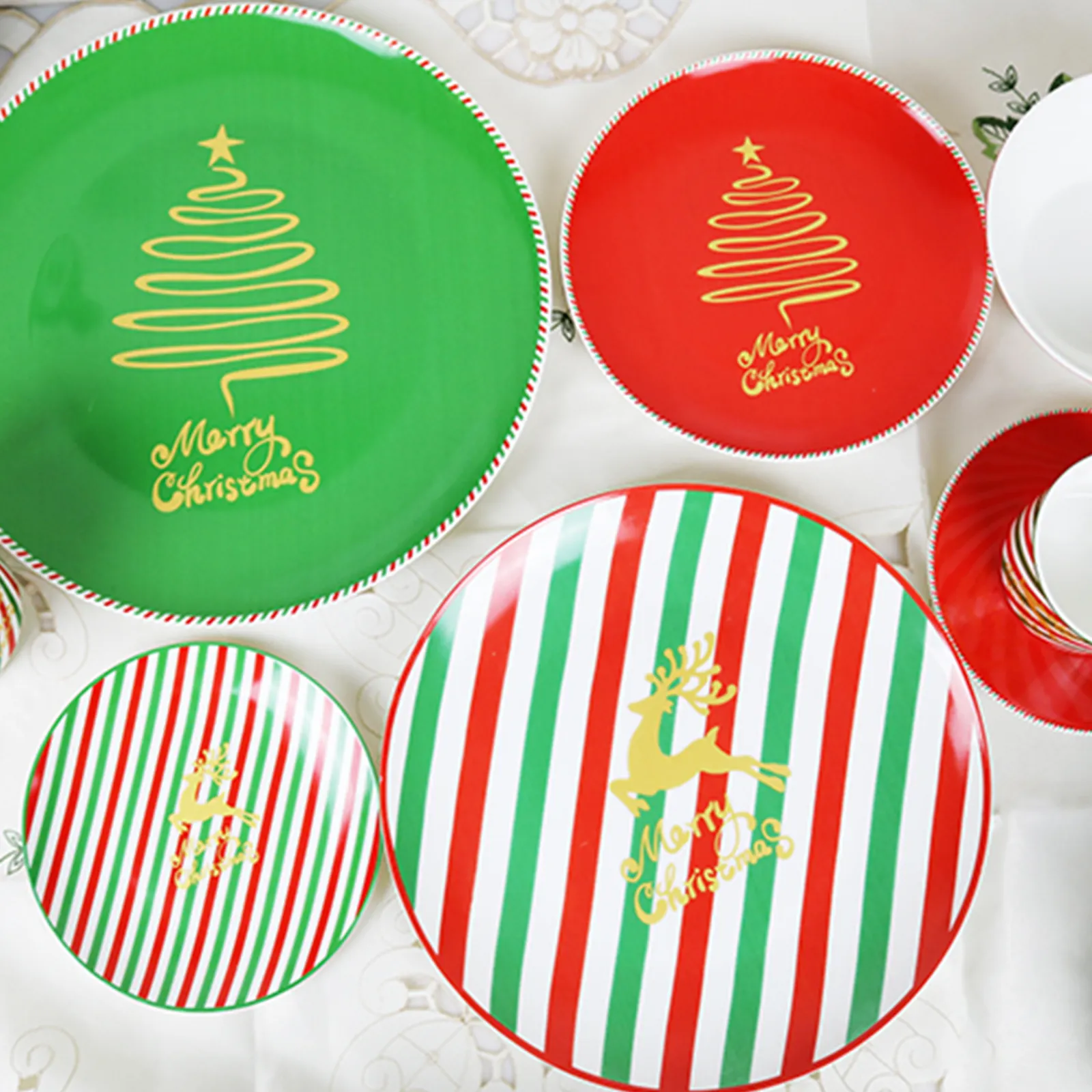 Navidad personalizables patrón rojo verde árbol de Navidad de China de hueso de cerámica placa taza platillo de la placa de sopa de vajilla