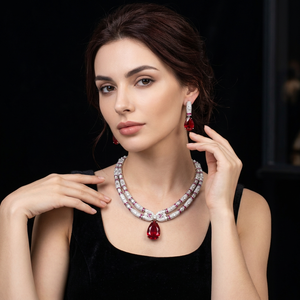 Luxury <b>Silver</b> Plated Brass Red CZ Stone <b>Choker</b> Necklace Earring Set Elegant Cubic Zirconia Costume Jewelry For Women - Product Image 3