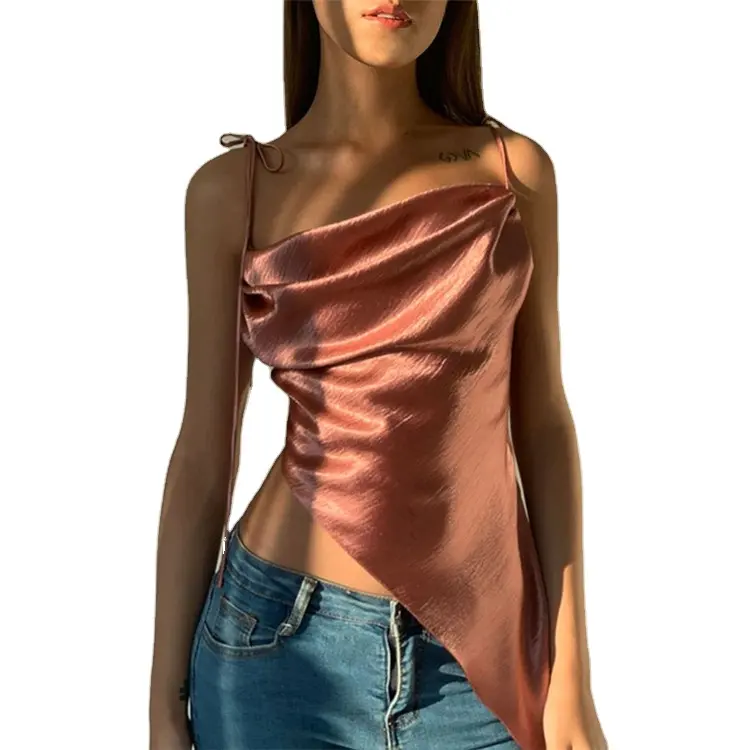 Satin Asymmetric Sheer Lace Up Bustier Top Women Summer Backless Sexy Camis Female Elegant Purple Streetwear Vest Tee