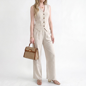 Ropa de Talla Grande para <span class=keywords><strong>Mujer</strong></span>, Conjunto de 2 Piezas, Chaleco de Lino y Pantalones Anchos, Adecuado para Ocasiones Formales y Casuales, Plazo de Entrega de 15 Días - Product Image 3