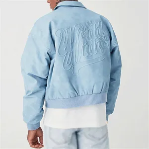 Kustom 3D Embossing Logo pabrik grosir Streetwear persegi kerah mantel Bomber OEM kualitas tinggi Zip Up Pria jaket kulit