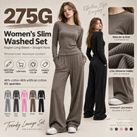 Ensemble décontracté deux pièces pour femme, haut à manches longues 275 GSM et pantalon large, coupe ajustée, OEM ODM, faible MOQ
