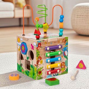 Juego de Juguetes Multifuncional, Laberinto de Cuentas, Clasificador de Formas, Cubo de Actividades de Madera 6 en 1 para Bebés - Product Image 1