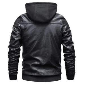 Veste en cuir à capuche noire pour homme, fermeture éclair, vêtements d'extérieur d'hiver, style motard décontracté, veste chaude et tendance pour homme - Product Image 2
