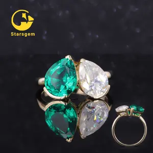 Starsgem 14K Yellow Gold Lab Emerald and Moissanite Ring Toi Et Moi Inlay Technology Setting for Wedding Party or Engagement