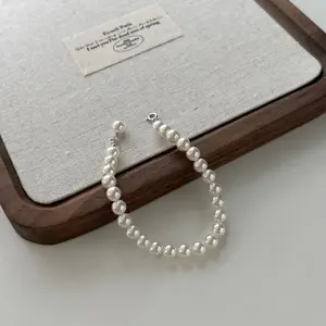 Dylam Wholesale Round Ball Beads Chain Shell Pearl Bracelet Bangles S925 Sterling Silver Strand Beaded Bracelets Woman Man Gift