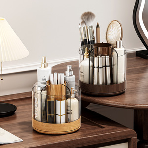 Rotating <b>Makeup</b> Organizer Wooden Grain With Partitions Desktop Storage <b>Box</b> For Brushes Pens Cosmetics - Product Image 3