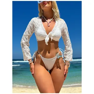 Textured fabric sexy swimwear & beachwear long sleeve swimsuit straps front twisted bra thong bottom women's bikini 2024