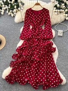 Nuovo Abito Estivo da Donna con Scollo a V a Pois, Orlo Irregolare e Balze, Elegante Gonna a Strati Stile Torta - Product Image 3