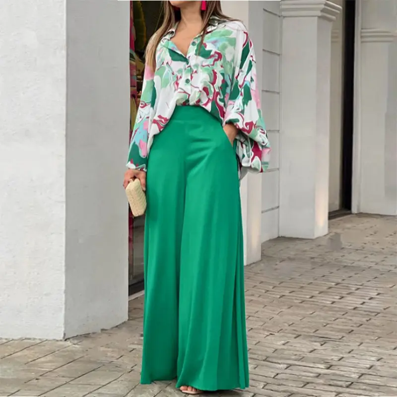 2 piece Set New 2022 printed casual suit loose large lapel shirt High Waist Flare Pants two piece set fall woman clothes