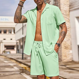 Vente flash : Ensemble chemise et short <span class=keywords><strong>pour</strong></span> <span class=keywords><strong>homme</strong></span>, 2 pièces, manches courtes, boutonné, décontracté, style <span class=keywords><strong>hippie</strong></span>, plage, vacances - Product Image 2