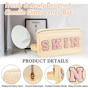 Custom Fashion Chenille Glitter Letter Makeup Bag Waterproof Cosmetic <b>Toiletry</b> Pouch Travel <b>Storage</b> OEM Organizer Bag For Women - Product Image 3