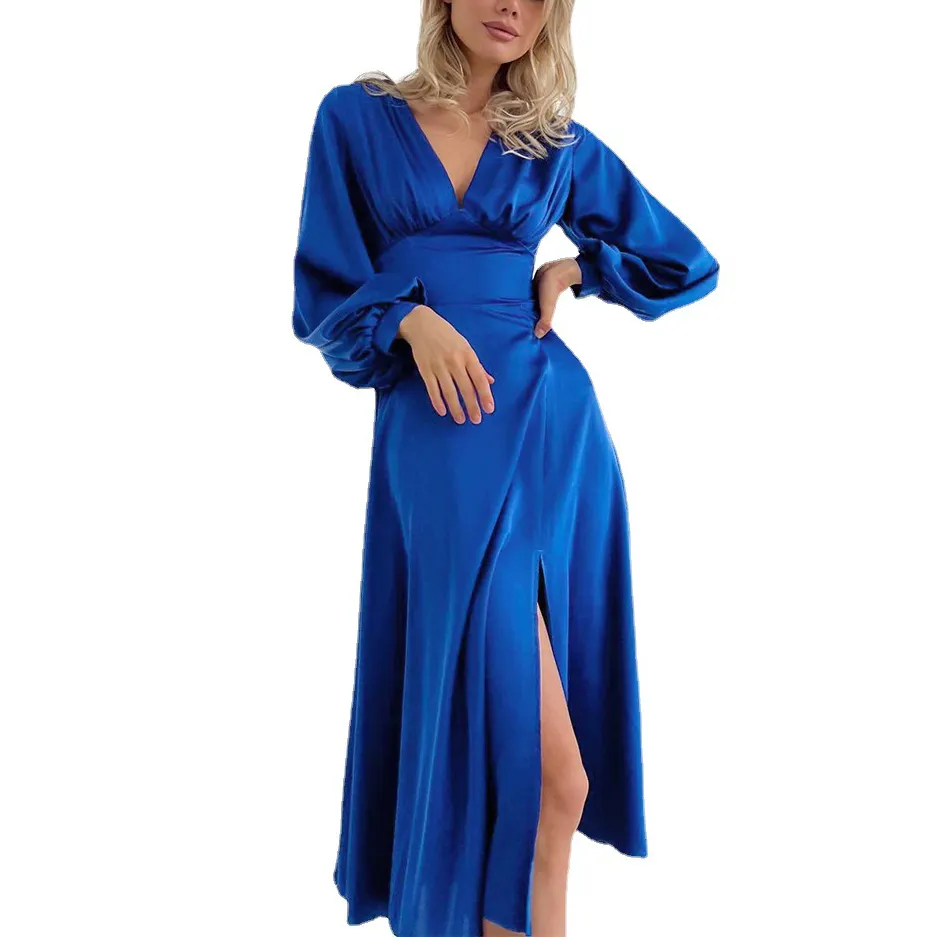 Custom ladies long dress slit elegant v-neck fashion dress hip blue dress women