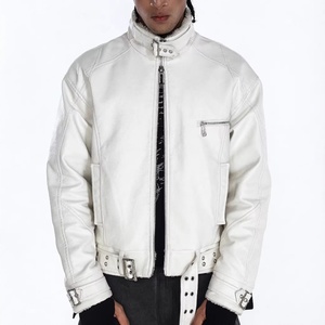 Wholesale Motorcycle Style Premium White Faux Leather <b>Jacket</b> for <b>Men</b> <b>Sherpa</b> Lined Windproof Biker Outerwear - Product Image 1