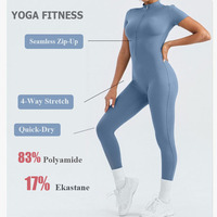Combinaison de yoga à manches courtes avec fermeture éclair, logo personnalisé, pour femmes, en polyamide recyclé, écologique, sans couture, pour la salle de sport et l'entraînement
