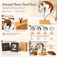 Tête de cheval en vitrail, sculpture artisanale en verre, ornement de bureau, base en bois naturel, 7,48 pouces, ambre