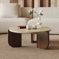 Table basse en travertin avec plateau en bois massif, style Wabi-Sabi, mobile, pour salon et balcon, design moderne, idéale pour les petits appartements
