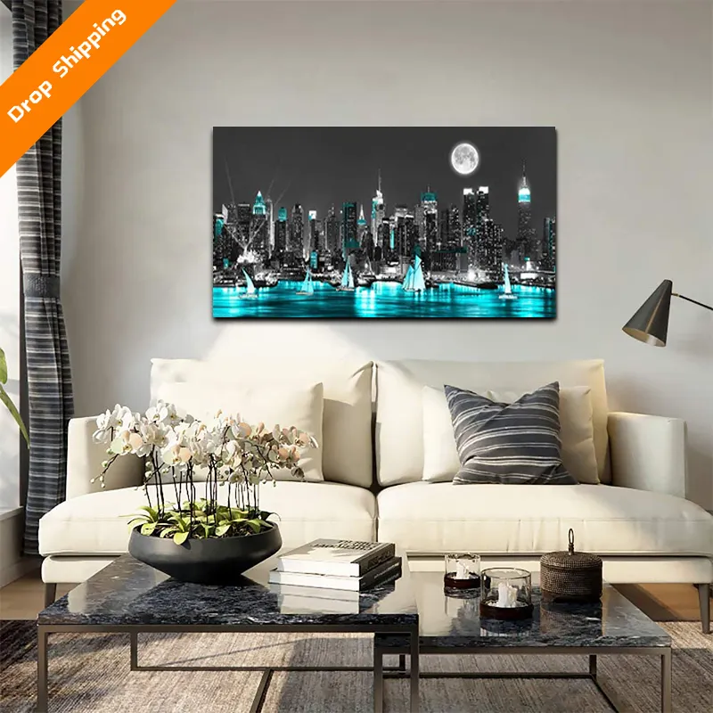 Morden city night skyline cityscape canvas led painting wall art light up for home decorative