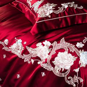 Parure de <span class=keywords><strong>lit</strong></span> haut de gamme en coton 140S brodé motif végétal 300 fils/cm², drap-<span class=keywords><strong>housse</strong></span> King Size rouge, linge de maison, taie d'oreiller - Product Image 6