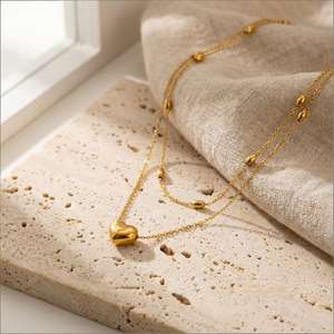 Collar <span class=keywords><strong>de</strong></span> Corazón <span class=keywords><strong>de</strong></span> Doble Capa, Chapado en Oro <span class=keywords><strong>de</strong></span> 18K, Acero Inoxidable, con Cuentas Delicadas y Colgante Apilado, Joyería para Mujer, Regalo - Product Image 1