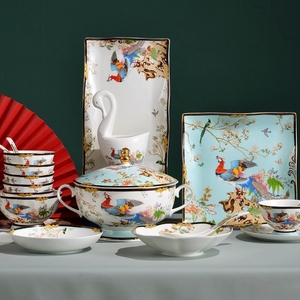 72PCS Stocked High Quality Luxury Tableware Set Ceramic Plates Utensils Kit Flowers Birds Pattern 10-Piece Wholesale <b>Dinnerware</b> - Product Image 3