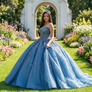 Dy6960 Sparkly <b>Starry</b> Blue Quinceanera <b>Dress</b> Heavy Beaded Glitter Tulle Princess Ball Gown Jancember - Product Image 1