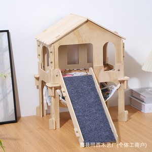 Wooden Hamster Nest Double Layer House With <b>Slide</b> Indoor Pet Hideout <b>Small</b> Animal Cage Rectangle Shape Rest And Hide - Product Image 5