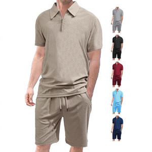 Conjunto de Pantalones Cortos de Verano para Hombre, con Cuello y Manga Corta, Tela de Rizo, Ropa Deportiva Informal de Dos Piezas, Color Caqui, Azul Marino, Negro, Borgoña, Azul Claro - Product Image 1