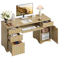 Bureau d'écriture 63 pouces en MDF naturel cannelé avec tiroir à dossiers, plateau pour clavier et meuble de rangement pour la maison et le bureau