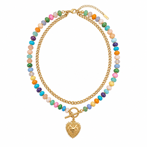 Conjunto de Collar con Colgante de Corazón de Oro y Cuentas de Piedras Preciosas Coloridas, Cadena Cubana de <span class=keywords><strong>Acero</strong></span> <span class=keywords><strong>Inoxidable</strong></span>, Joyería de Playa Resistente al Agua - Product Image 6