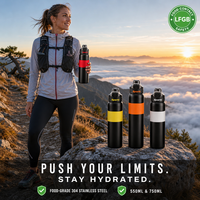 Bouteille d'eau en acier inoxydable à double paroi 304, 550 ml, 750 ml, gourde isotherme pour le sport, avec bande de maintien en silicone