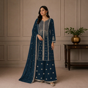 Élégant ensemble Salwar en coton bleu marine brodé avec dupatta, tenue traditionnelle indienne et pakistanaise, coupe ample longue pour femme - Product Image 1