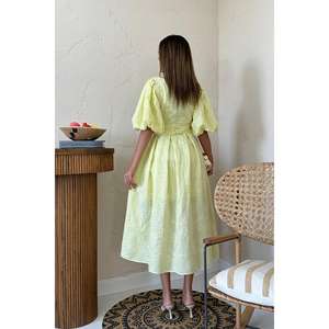 <b>Yellow</b> A-Line Dress With Balloon Sleeves And Pleated Design Cotton Bamboo <b>Fabric</b> O-Neck Natural Waistline Breathable - Product Image 1