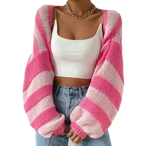Kardigan Bergaris Tipis Wanita Musim Semi Atasan Crop Kustom Rajutan Oem Desain Sweater Dua Warna