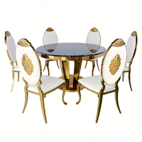 Table de mariage moderne Martina en acier inoxydable avec plateau en marbre doré, mobilier d'hôtel durable, salle à manger, salon, événement
