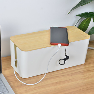 Plastic large cable organizer storage power strip management box with bamboo lid