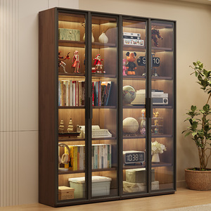 Libreria in Legno Massello con Ante in Vetro per Soggiorno, 5 Ripiani, Acciaio Inossidabile Regolabile, Mobile Moderno da Terra Antipolvere - Product Image 6
