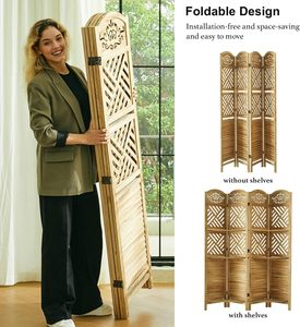 Séparateur de pièce avec étagères Séparateur mural en bois sculpté et persienne Autoportant 4 <span class=keywords><strong>panneaux</strong></span> Cloison pliante - Product Image 5