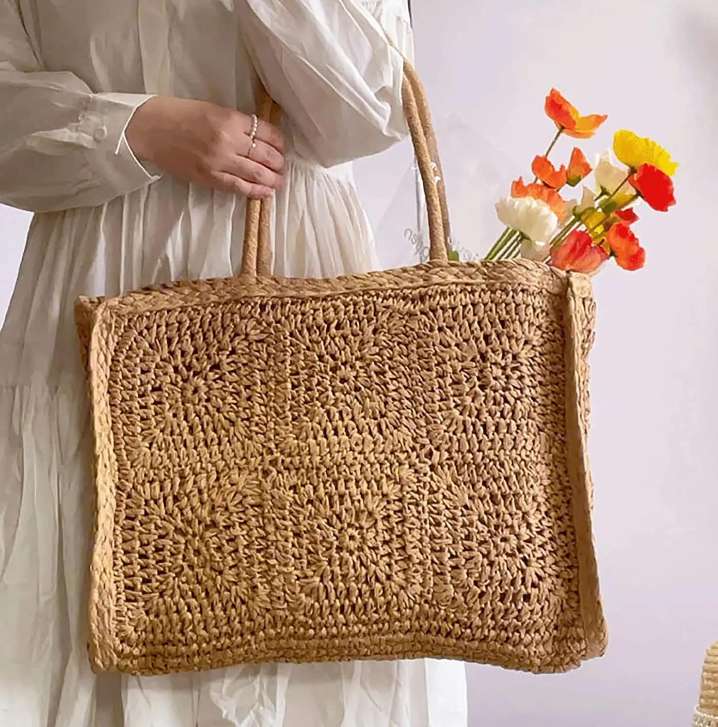 Handwoven Straw Vintage Purse Bag Large Straw Beach Bag Chic Casual Handbag Shoulder Tote Rattan Vacation Bag