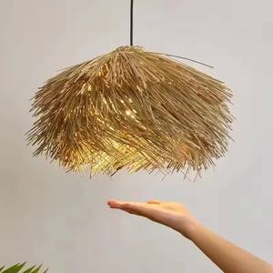 <span class=keywords><strong>Lampadario</strong></span> Retrò in Rattan a Forma di <span class=keywords><strong>Cappello</strong></span> di Paglia, Lampada a Sospensione per Sala da Pranzo, Soggiorno, Illuminazione Domestica, Paralume in Rattan - Product Image 5