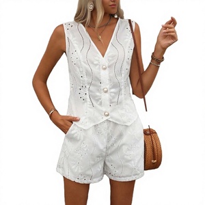 Wholesale Fashion Women Summer Solid Color Casual Loose Ankle Polyester Daily Wear Hollow V-Neck Vest Button Shorts Set - Product Image 3
